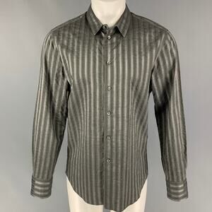 EMPORIO ARMANI Size L Grey Olive Stripe Cotton Viscose Long Sleeve Shirt